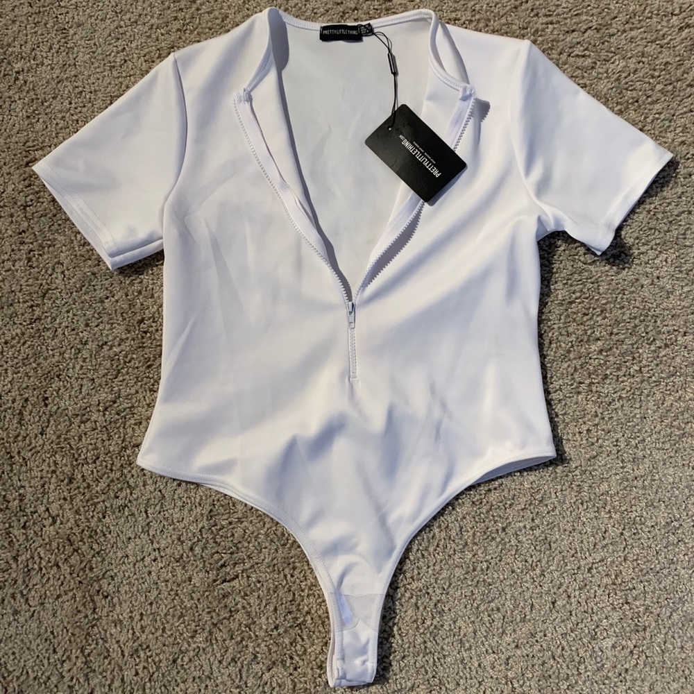 PLT White Zipper Bodysuit “ Scuba”